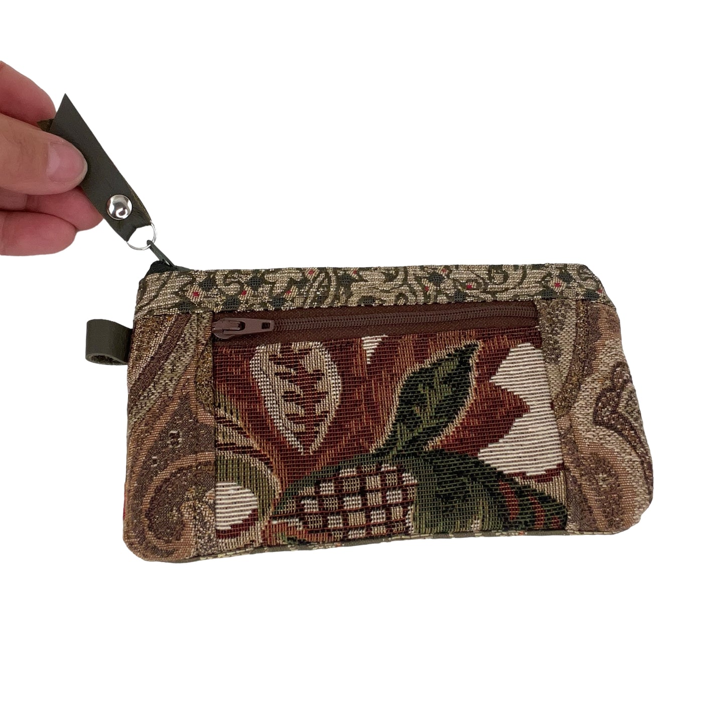 Brown Green Taupe Patchwork Tapestry Zipper Card Wallet