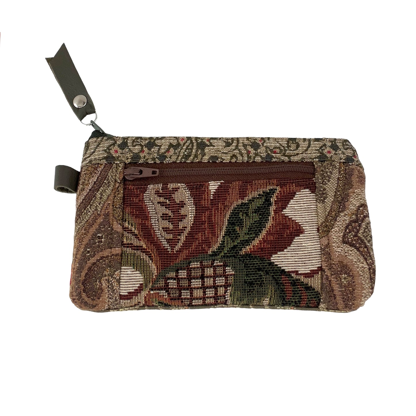 Brown Green Taupe Patchwork Tapestry Zipper Card Wallet