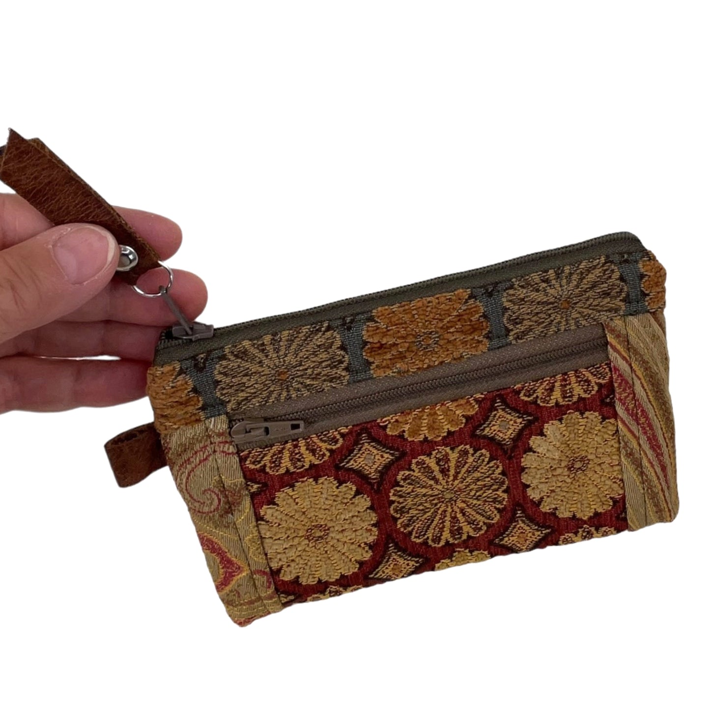 Orange Gold Grey Patchwork Tapestry Zipper Card Wallet