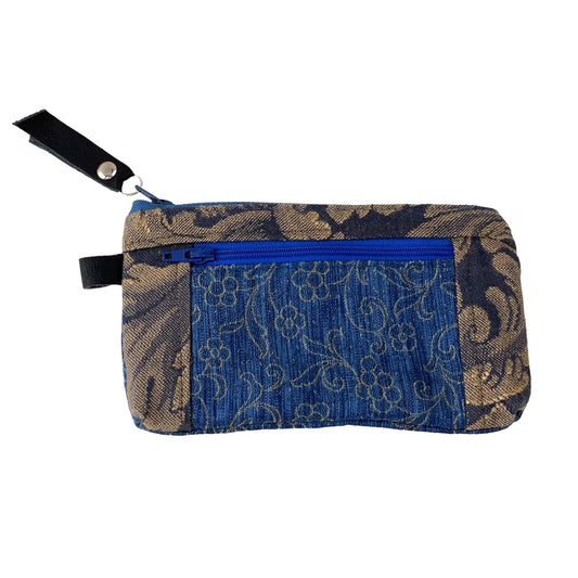 Blue Taupe Patchwork Tapestry Zipper Card Wallet