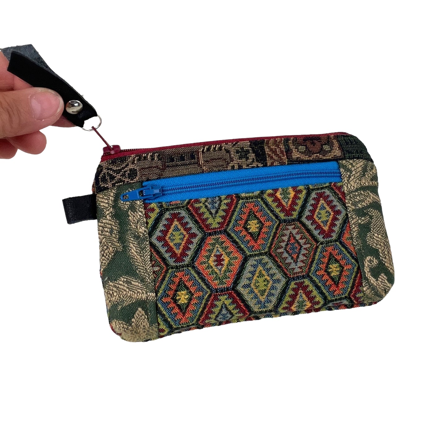 Green Red Orange Patchwork Tapestry Zipper Card  Wallet