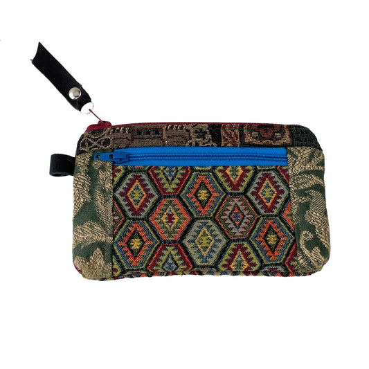 Green Red Orange Patchwork Tapestry Zipper Card  Wallet