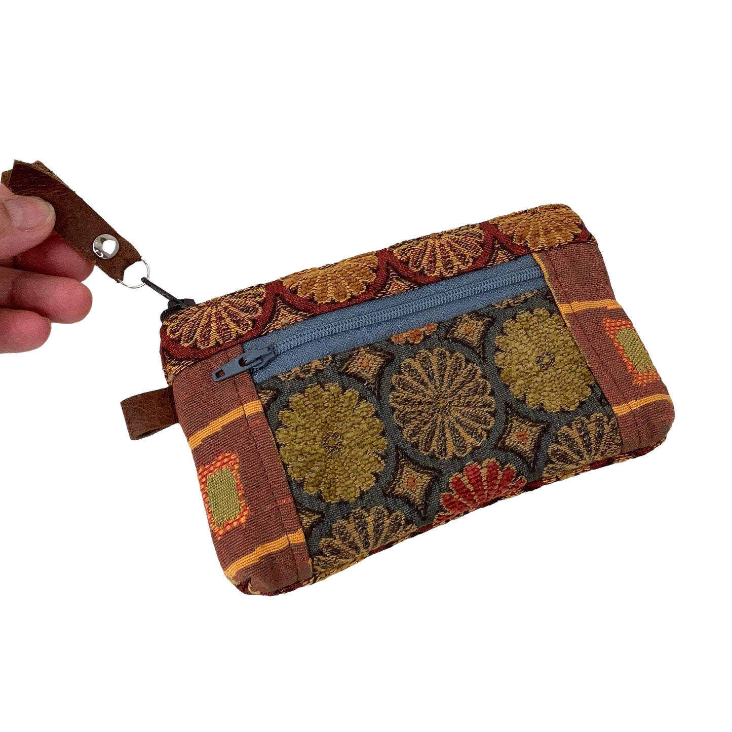 Rust Grey Gold Patchwork Tapestry Zipper Card Wallet