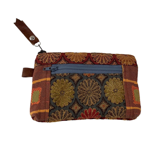 Rust Grey Gold Patchwork Tapestry Zipper Card Wallet