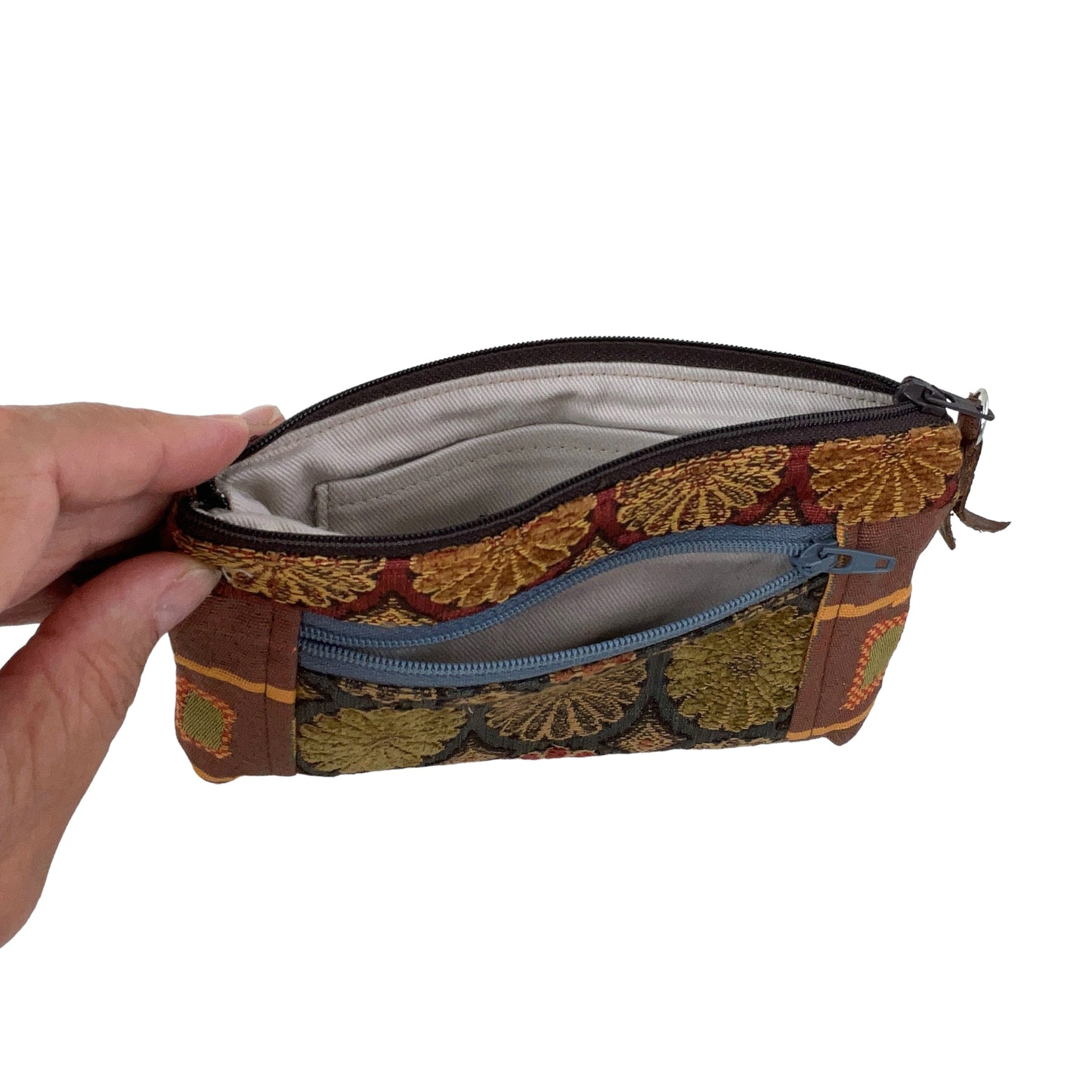 Rust Grey Gold Patchwork Tapestry Zipper Card Wallet