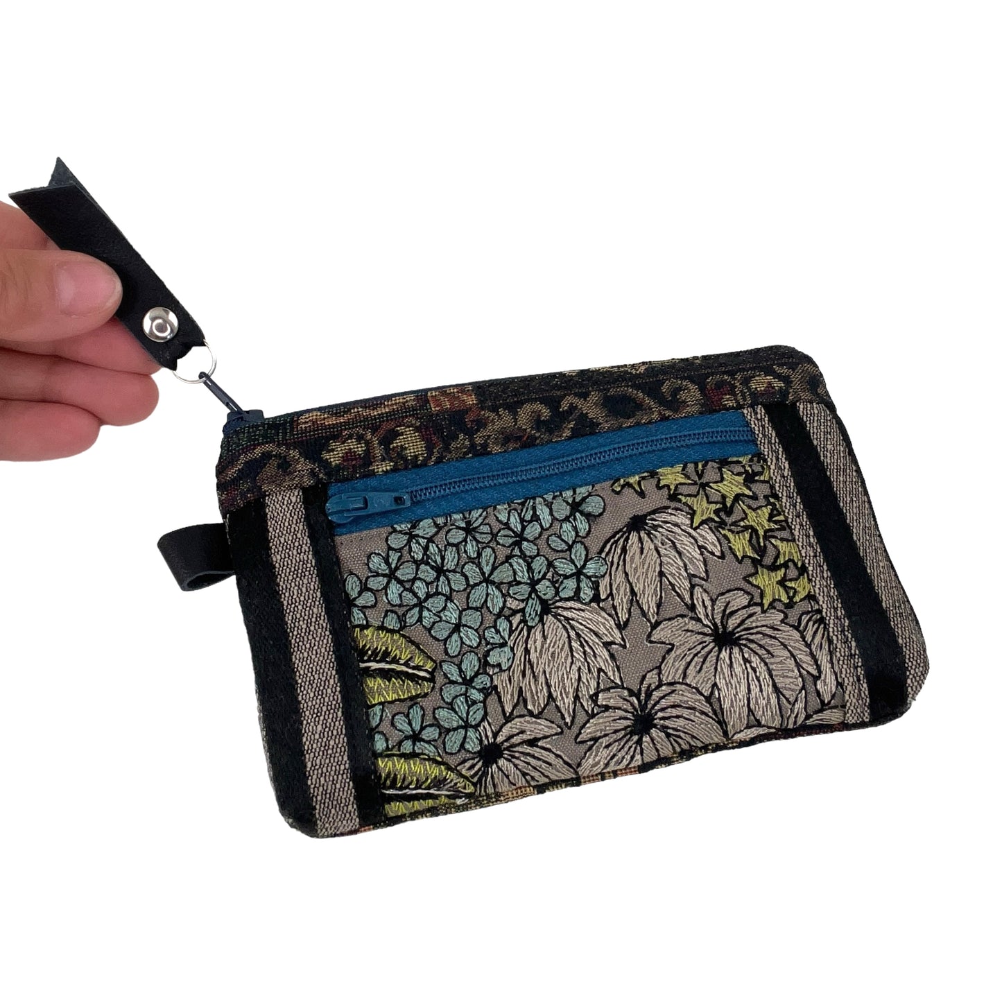 Black Grey Blue Patchwork Tapestry Zipper Card Wallet