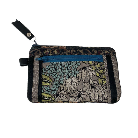 Black Grey Blue Patchwork Tapestry Zipper Card Wallet