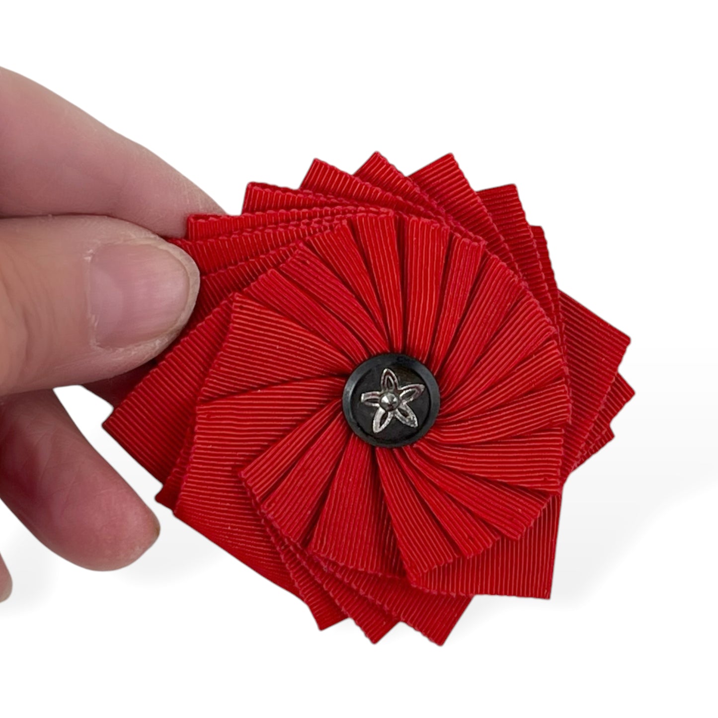 Red Cockade Ribbon Button Brooch antique shell and metal Button