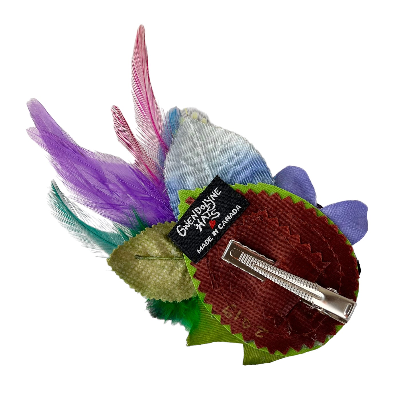 Small Flower Feather Button Hair Clip Mauve Purple Blue