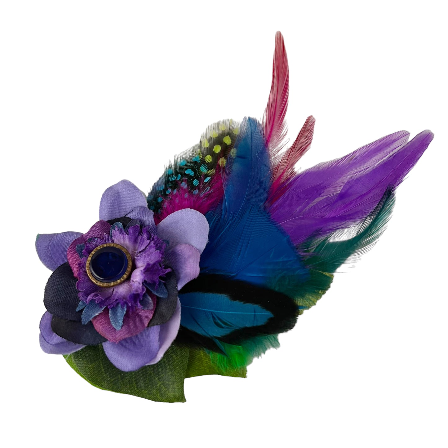 Small Flower Feather Button Hair Clip Mauve Purple Blue