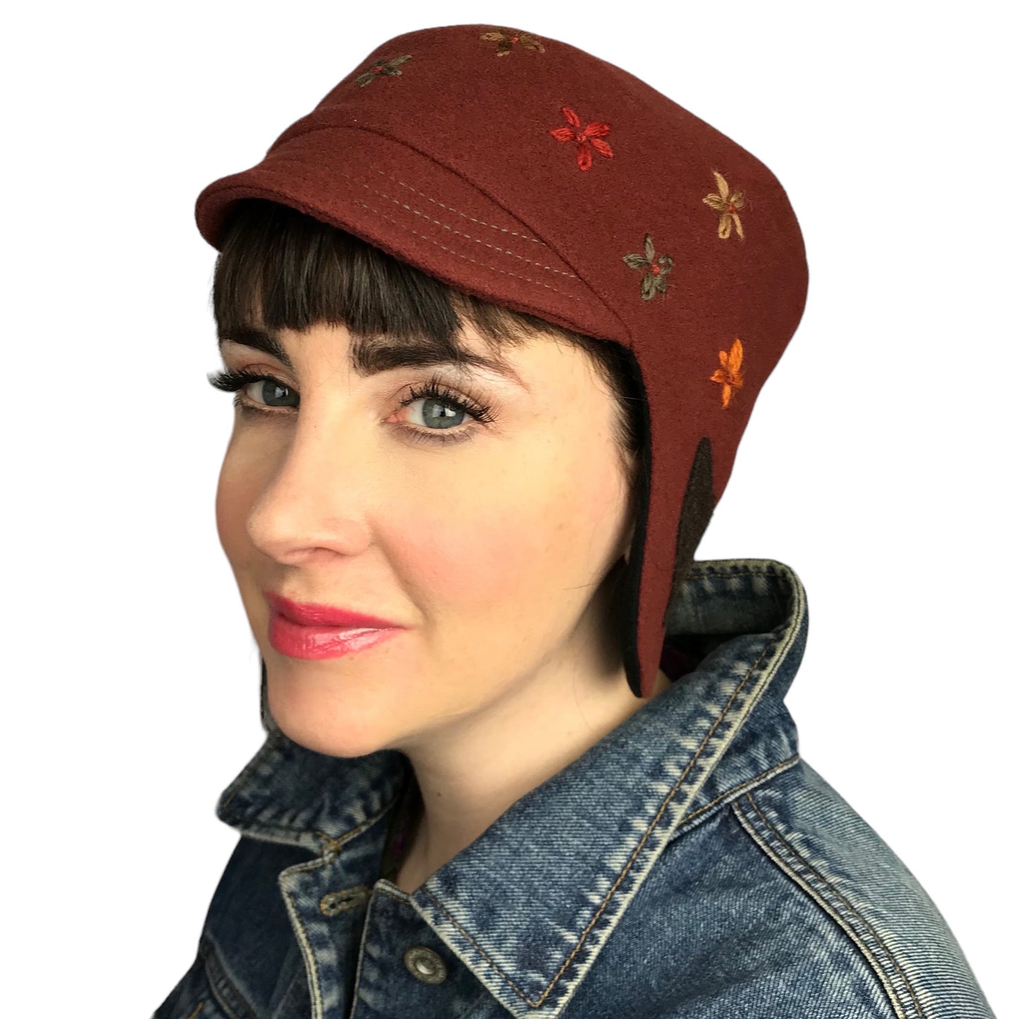 Amelia Wool Ear Flap Womens Helmet Hat Medium Embroidered Daisys Brown