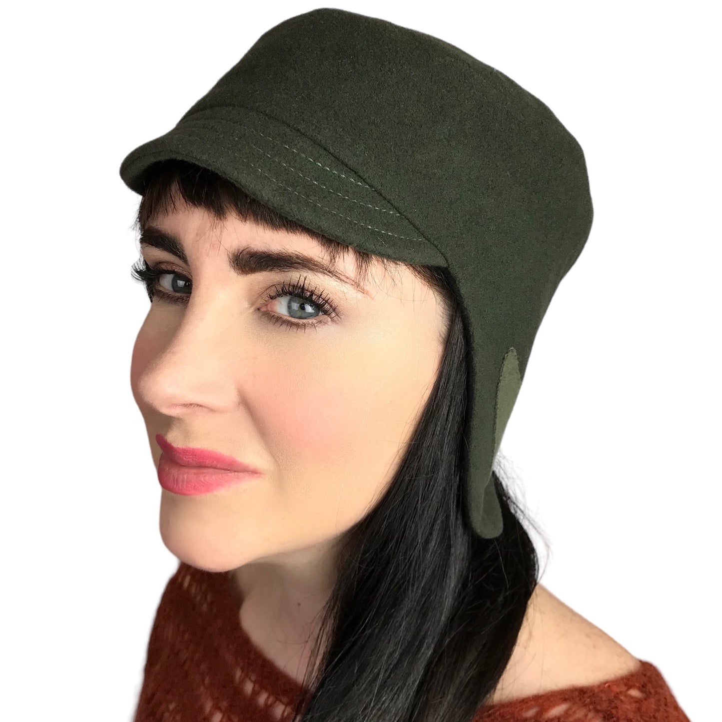 Amelia Wool Ear Flap Helmet Hat Medium Olive Green