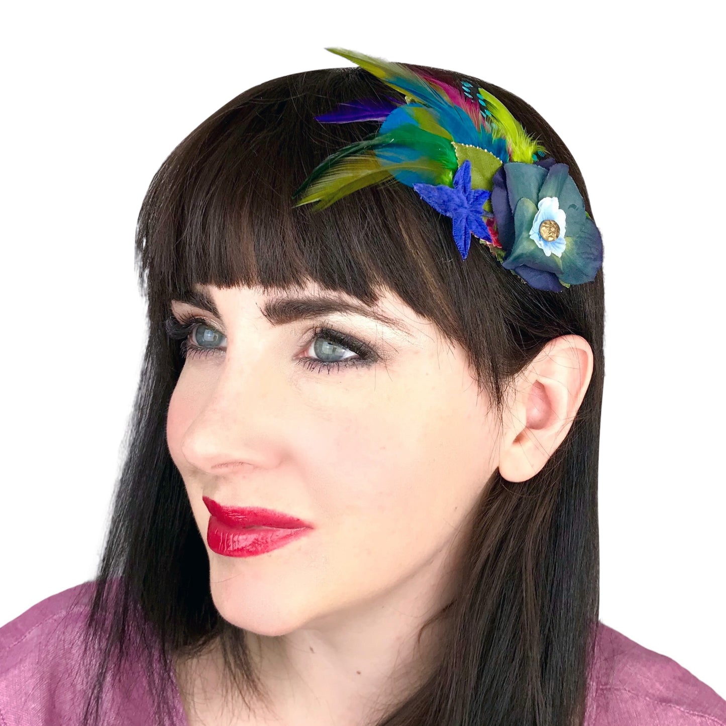 Small Flower Feather Hair Clip Blue Lime Green