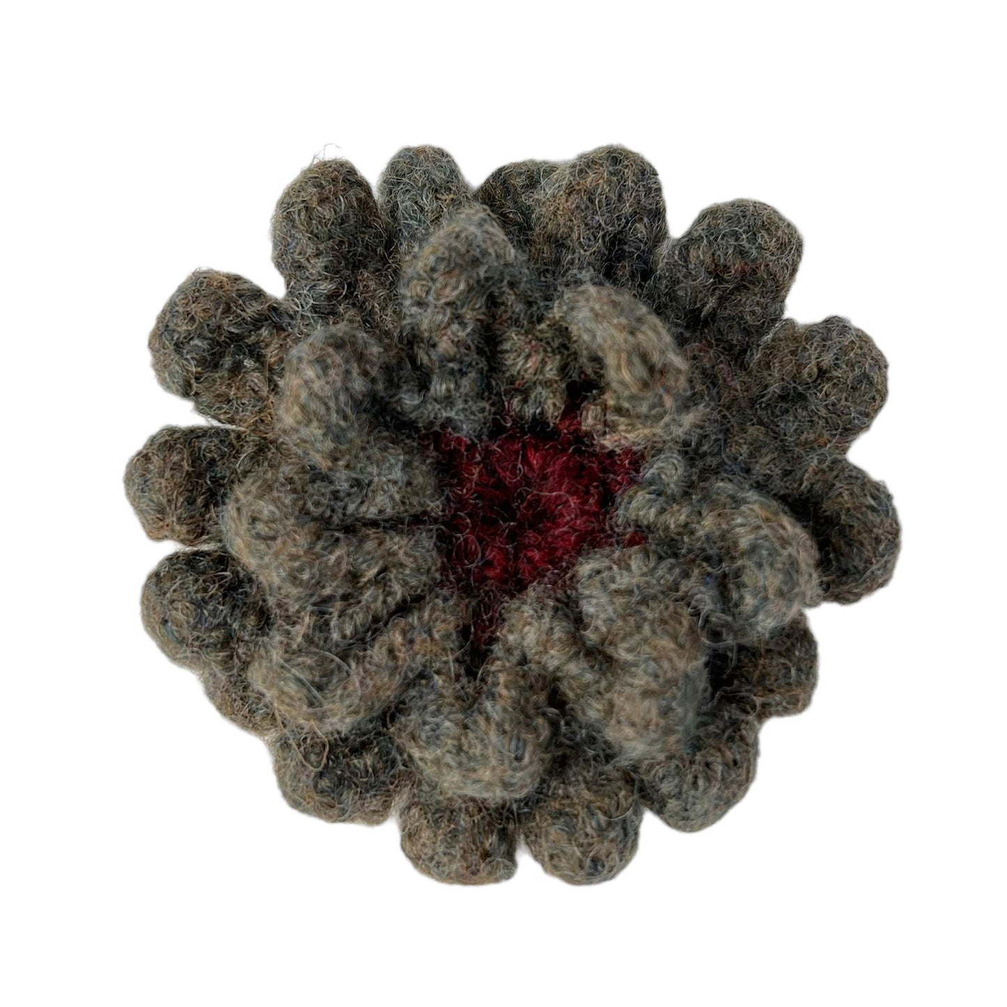 Wool Felted Crochet Flower Brooch Sage Green Red