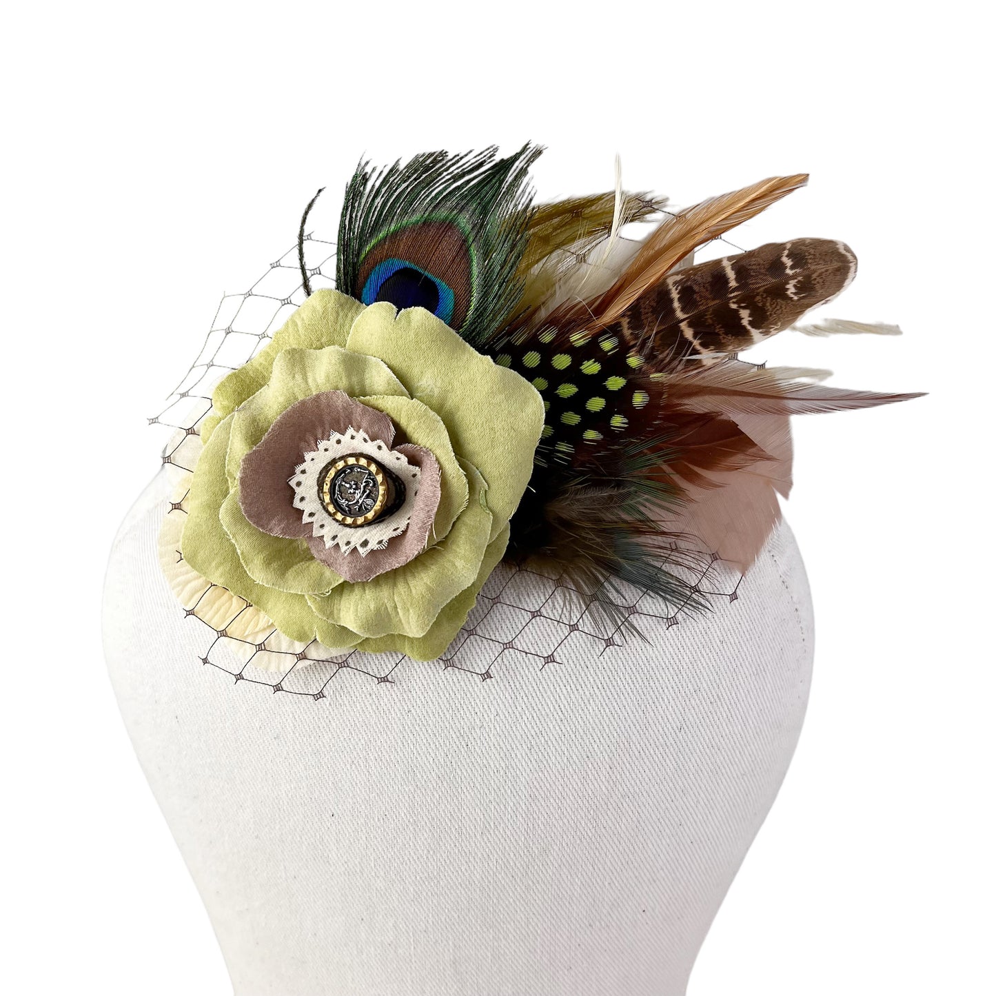Rose Peacock Feather Fascinator Hair Clip Chartreuse Green