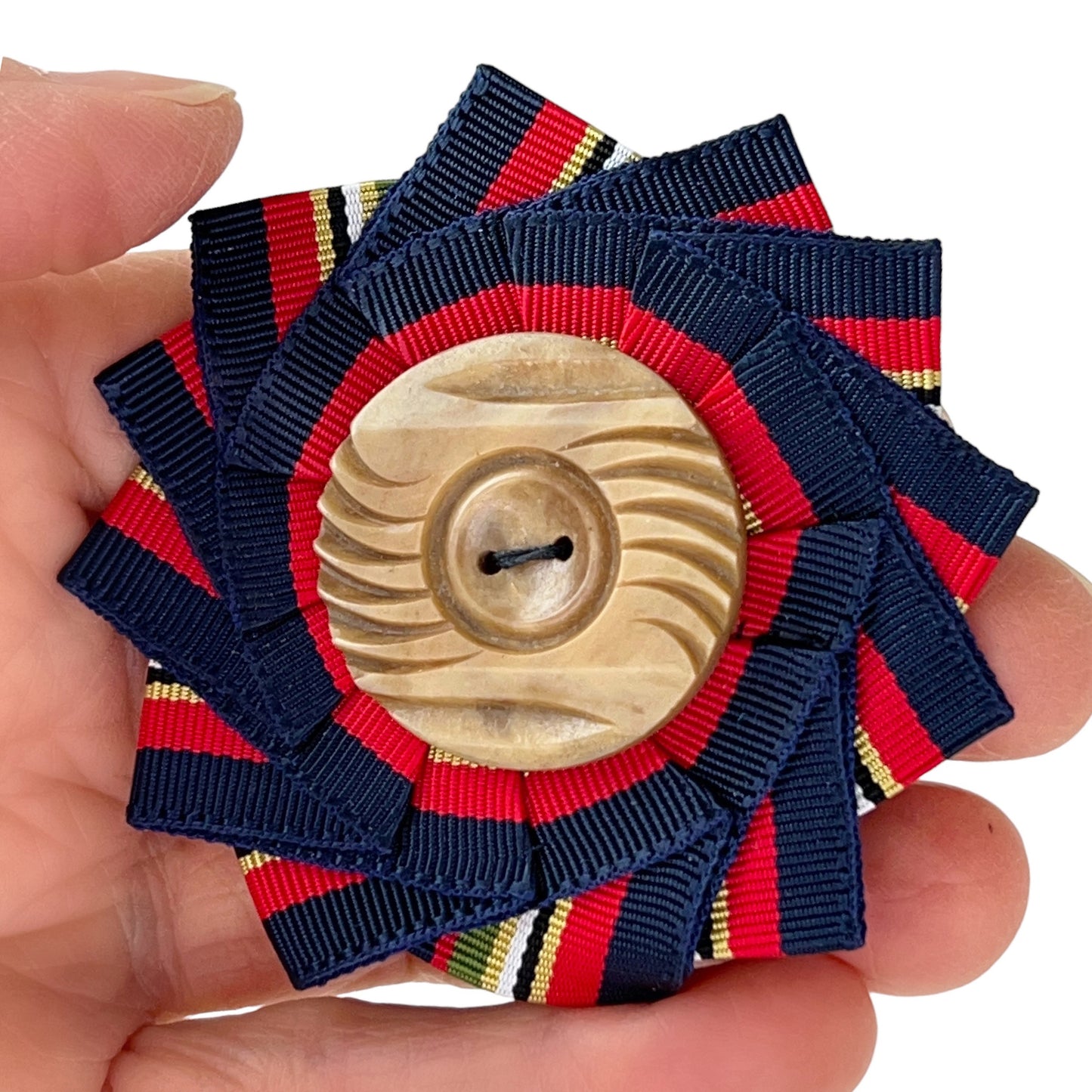Cockade Ribbon Button Brooch Navy Red 1920 Celluloid Coat Button