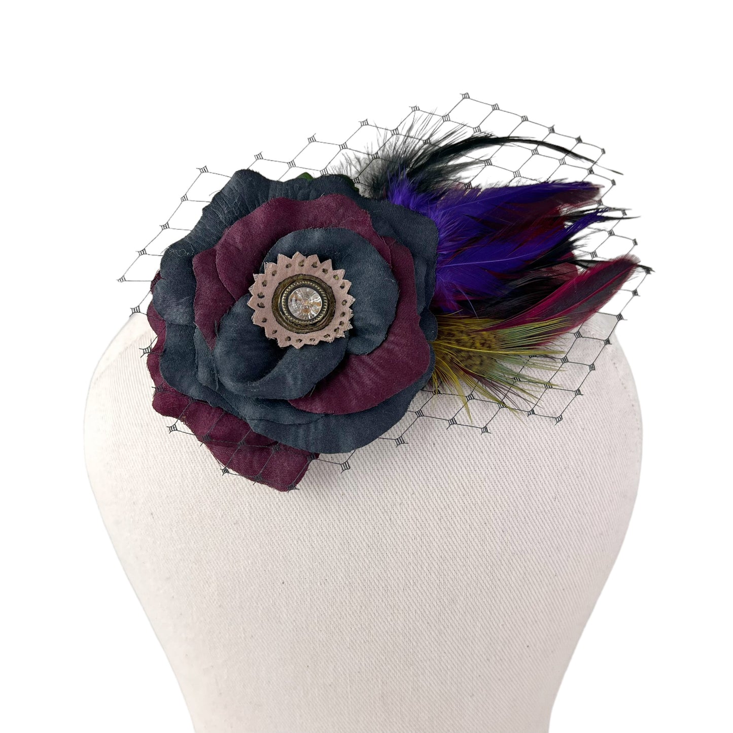 Rose Fascinator Hair Clip Crimson Black