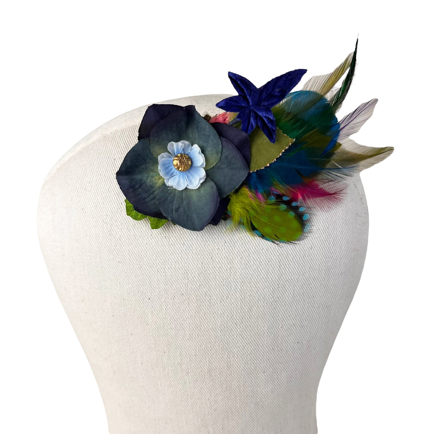 Small Flower Feather Hair Clip Blue Lime Green
