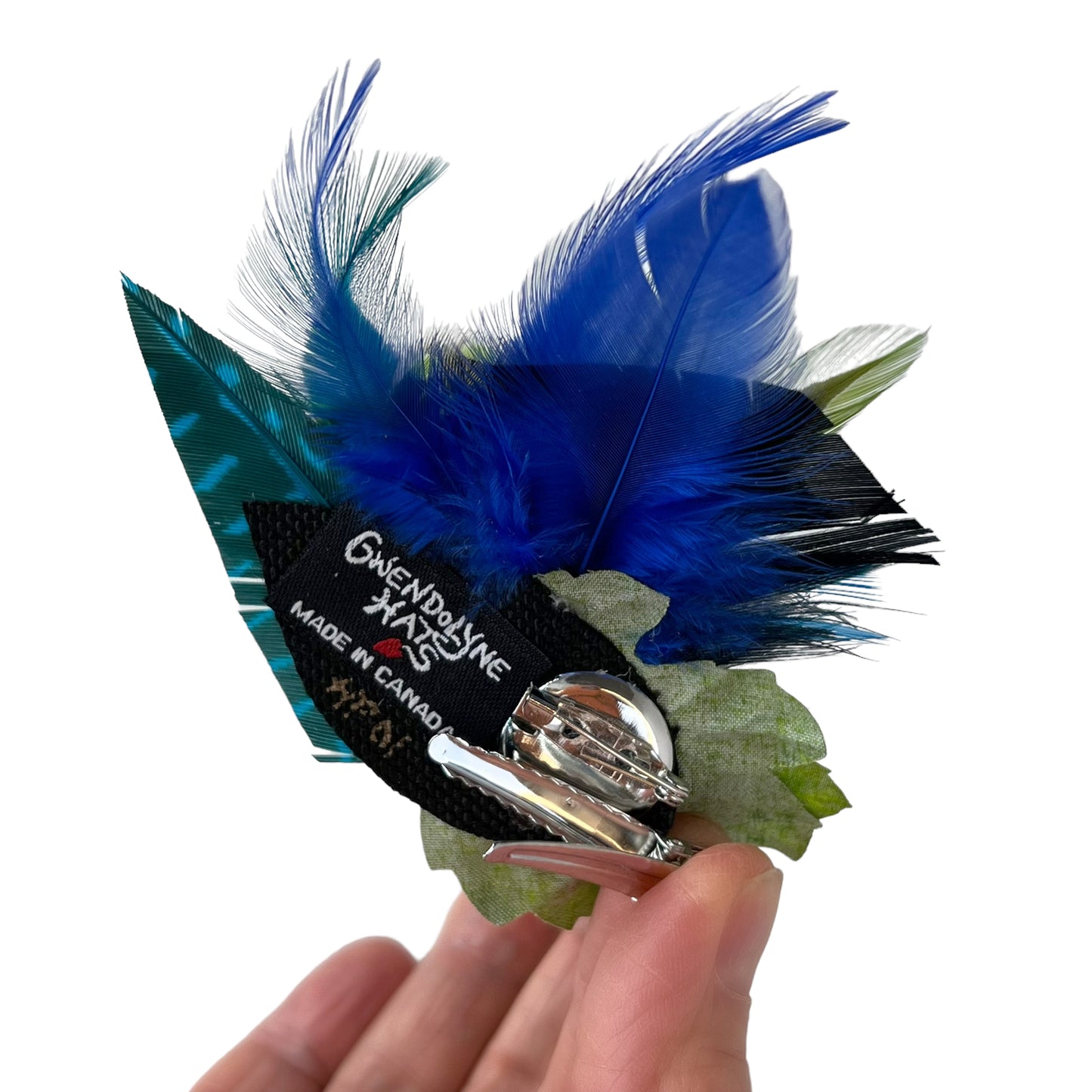 Feather Button Brooch Clip Royal Blue