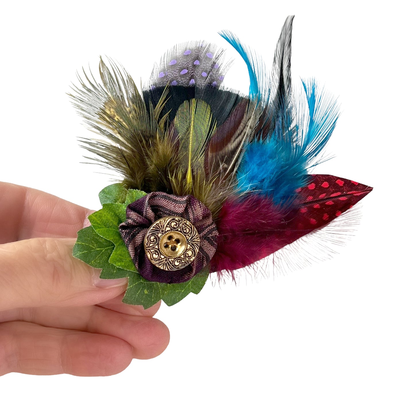 Feather Button Brooch Clip Earthy Red Blue