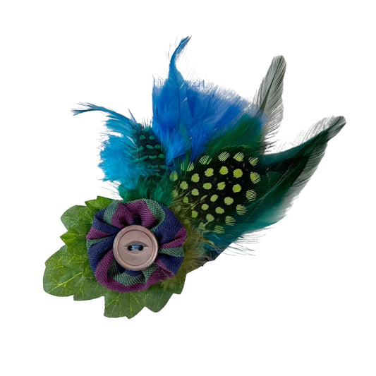 Feather Button Brooch Clip Lime Green Polkadots Blue