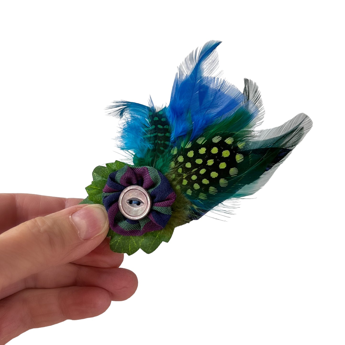Feather Button Brooch Clip Lime Green Polkadots Blue