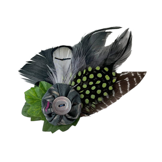 Feather Button Brooch Clip Grey Lime Green Polkadots