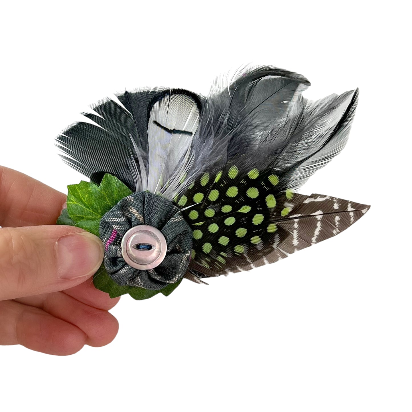 Feather Button Brooch Clip Grey Lime Green Polkadots