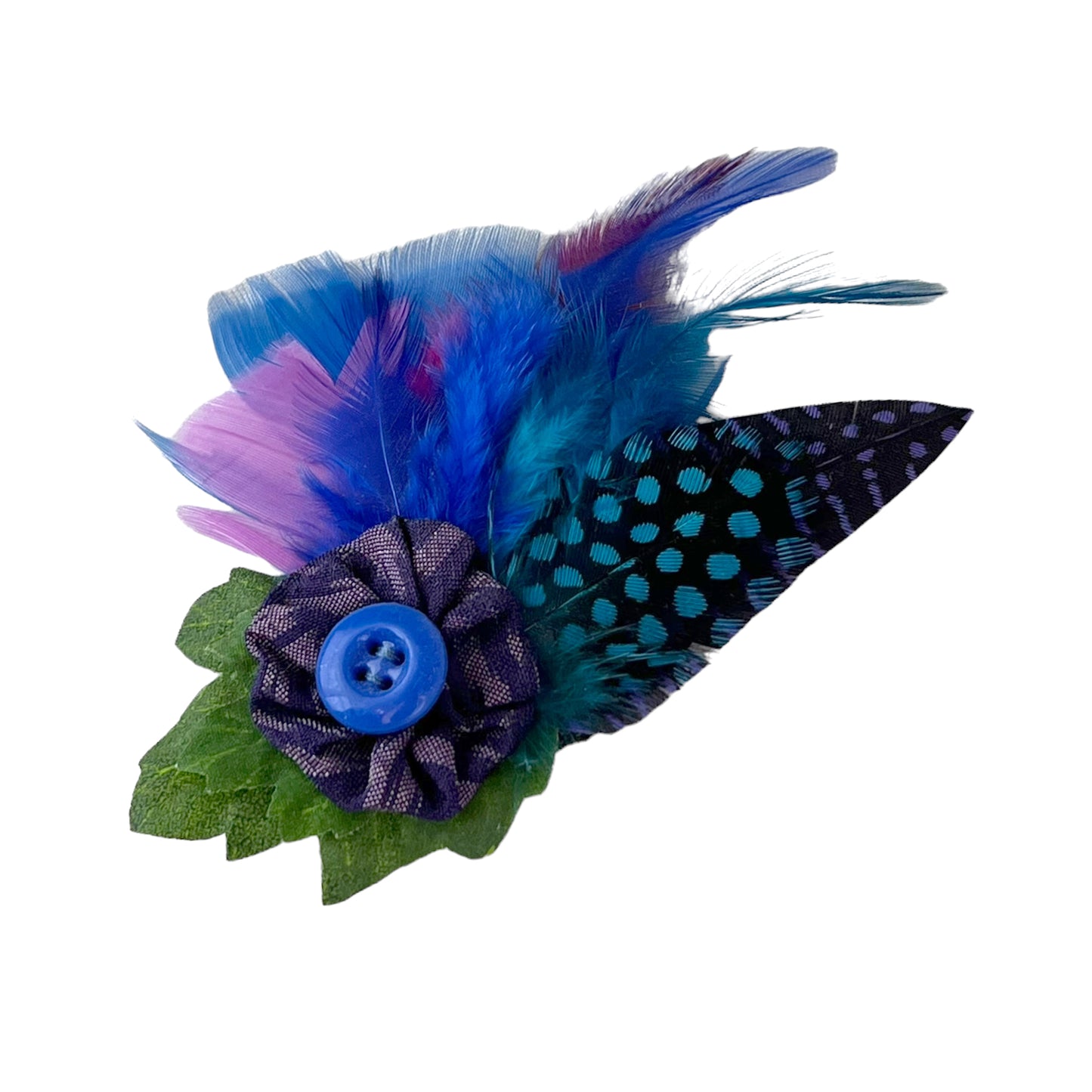 Feather Button Brooch Clip Blue Polkadots