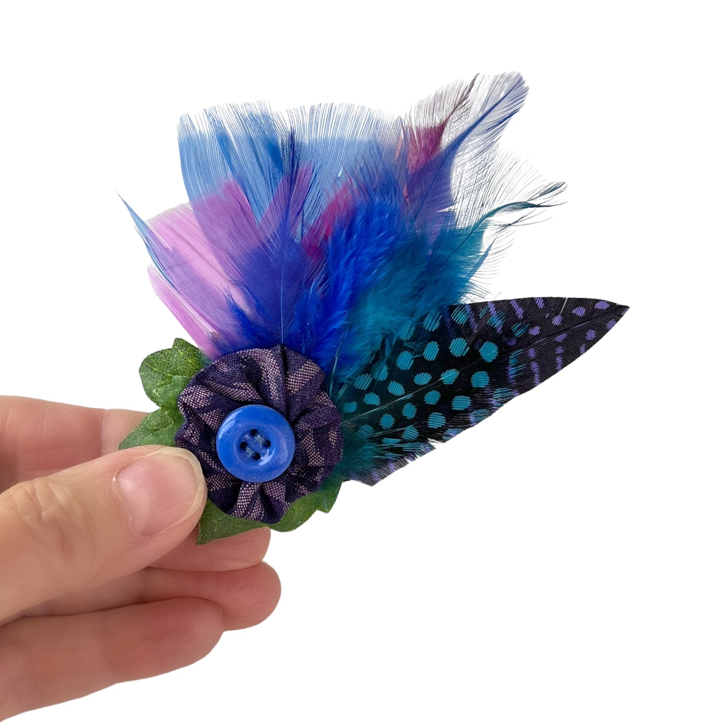 Feather Button Brooch Clip Blue Polkadots