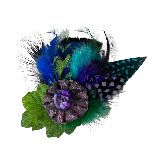 Feather Button Brooch Clip Purple Blue Polkadots