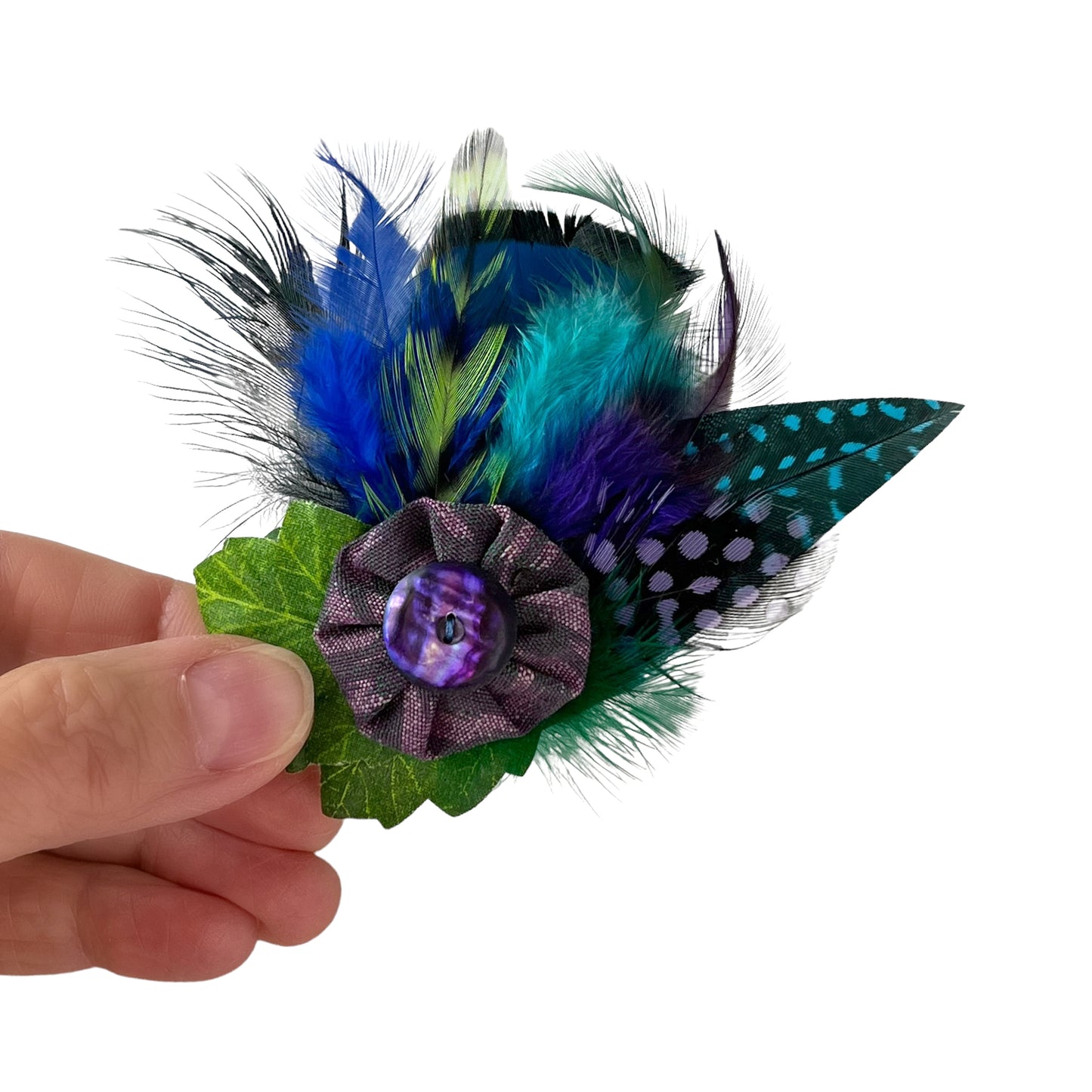 Feather Button Brooch Clip Purple Blue Polkadots
