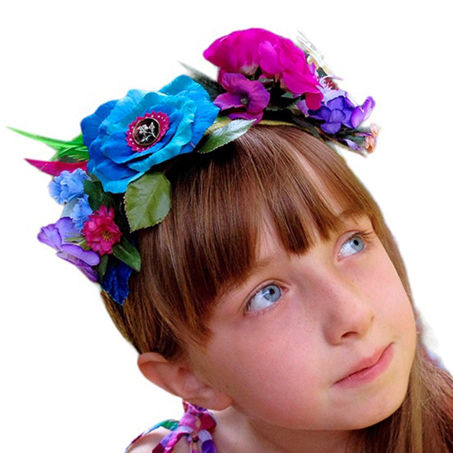 Girls Floral Hairband Turquoise Blue and Hot Pink Rose Tiara