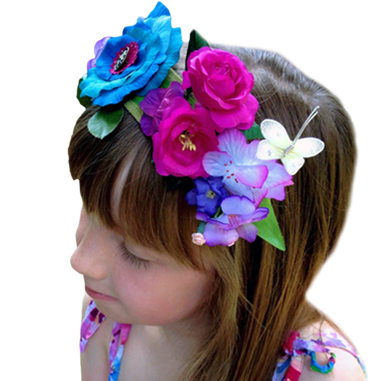 Girls Floral Hairband Turquoise Blue and Hot Pink Rose Tiara