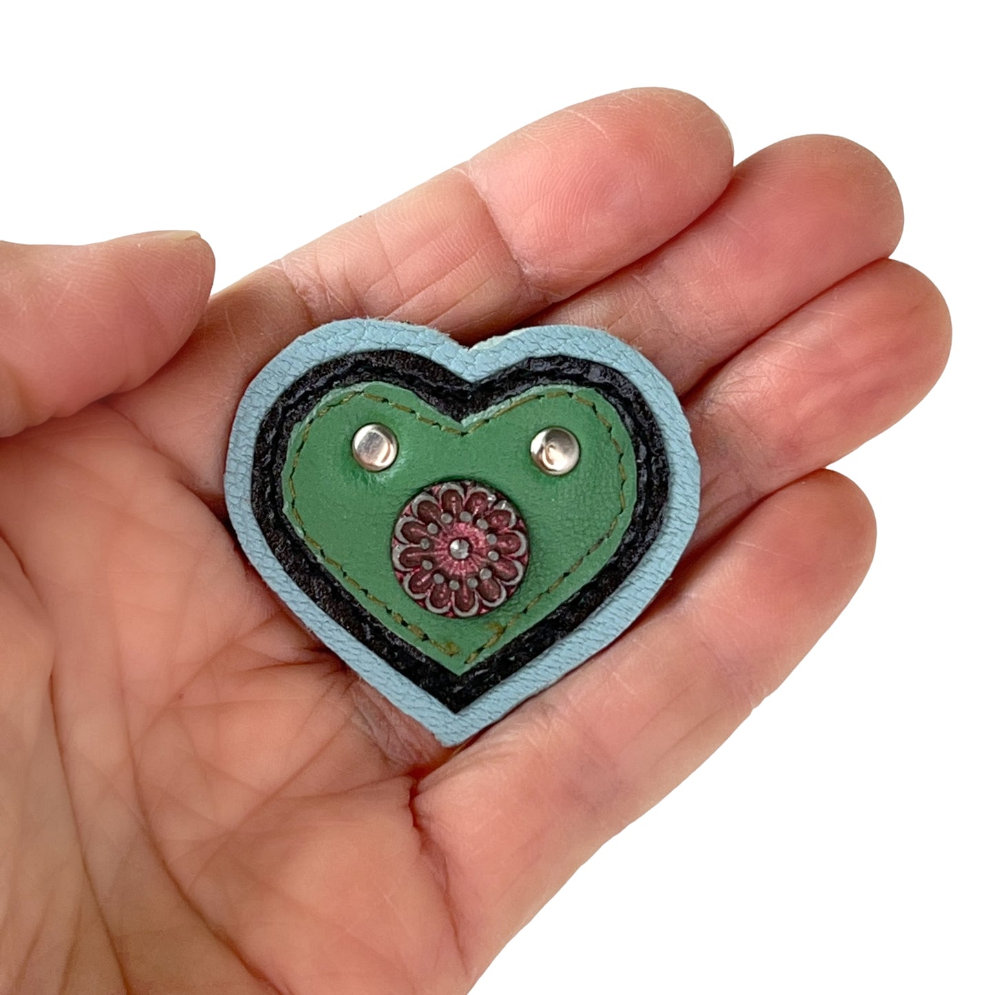 Heart Leather Button Brooch Green