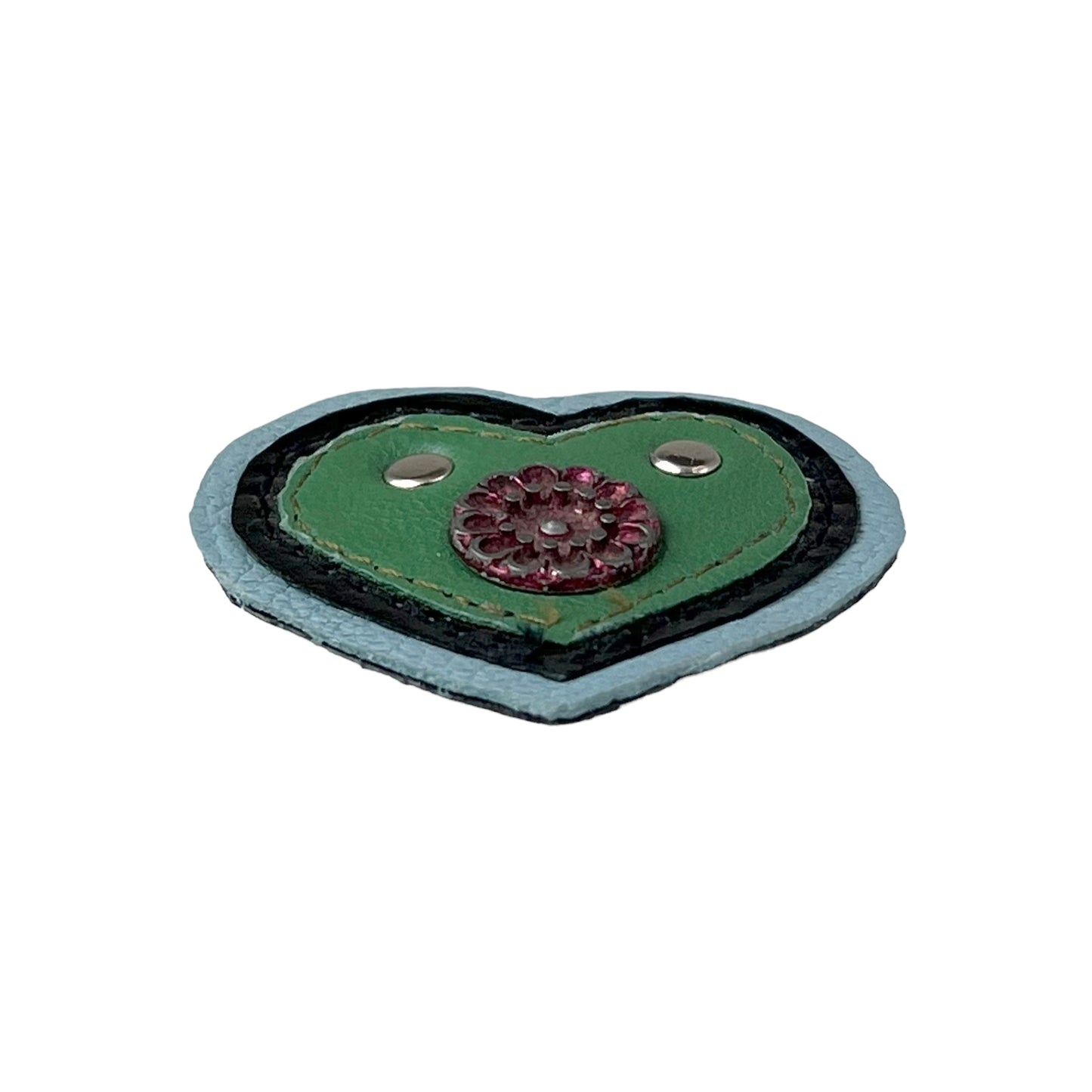 Heart Leather Button Brooch Green