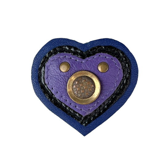 Heart Leather Button Brooch Purple Blue