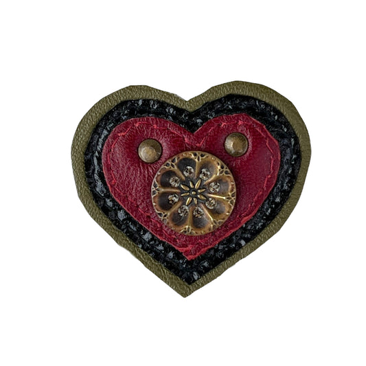 Heart Leather Button Brooch Red Olive