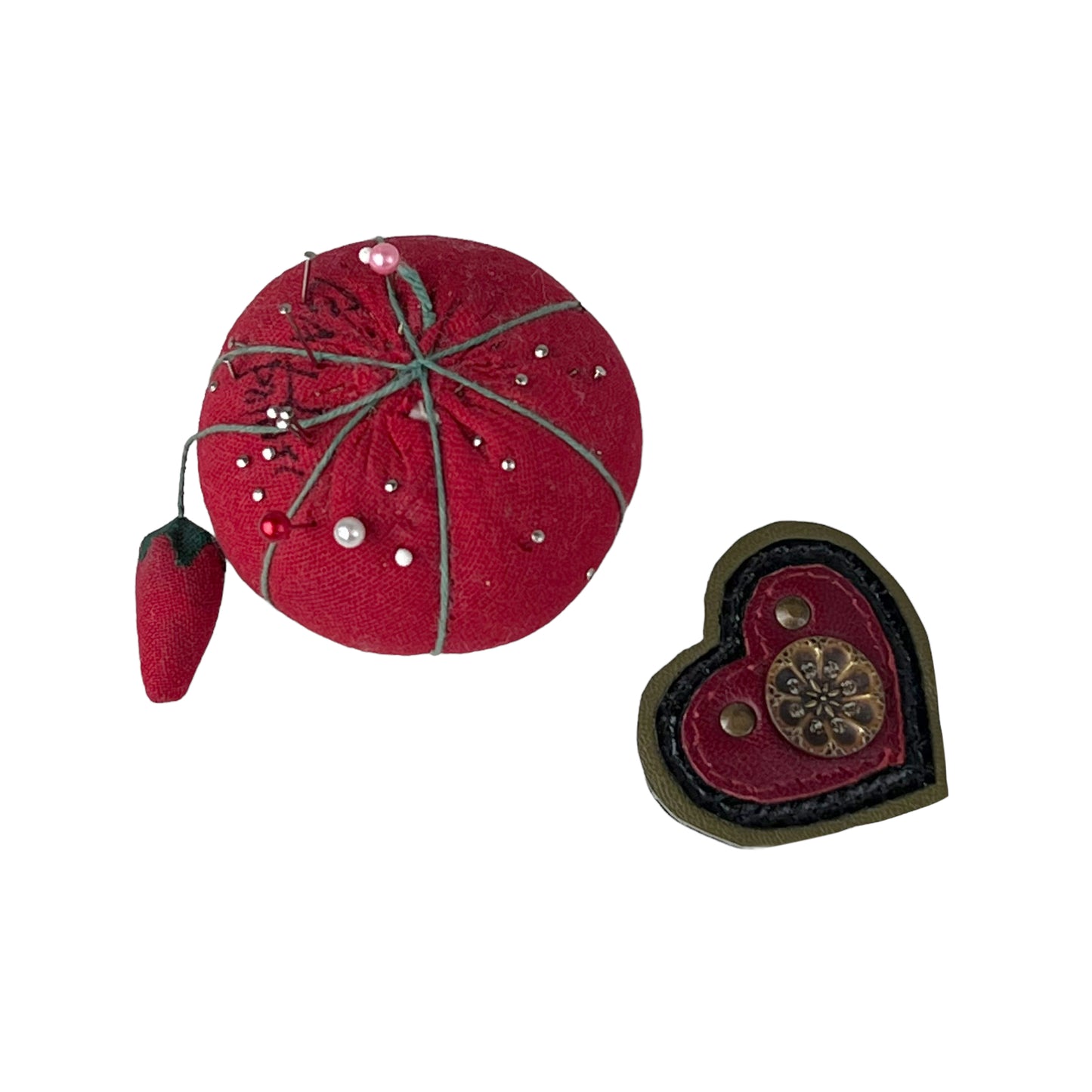 Heart Leather Button Brooch Red Olive