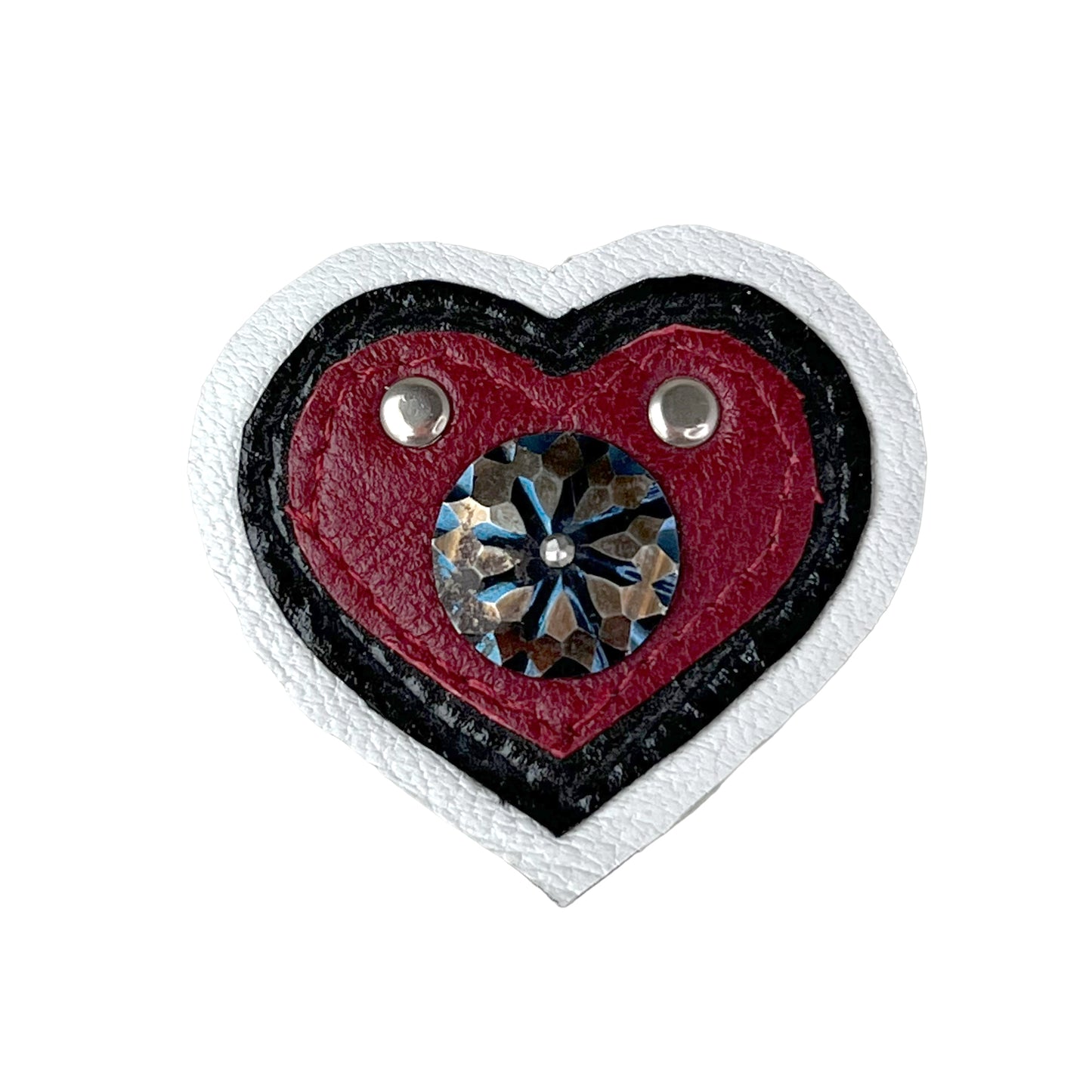 Heart Leather Button Brooch Red White