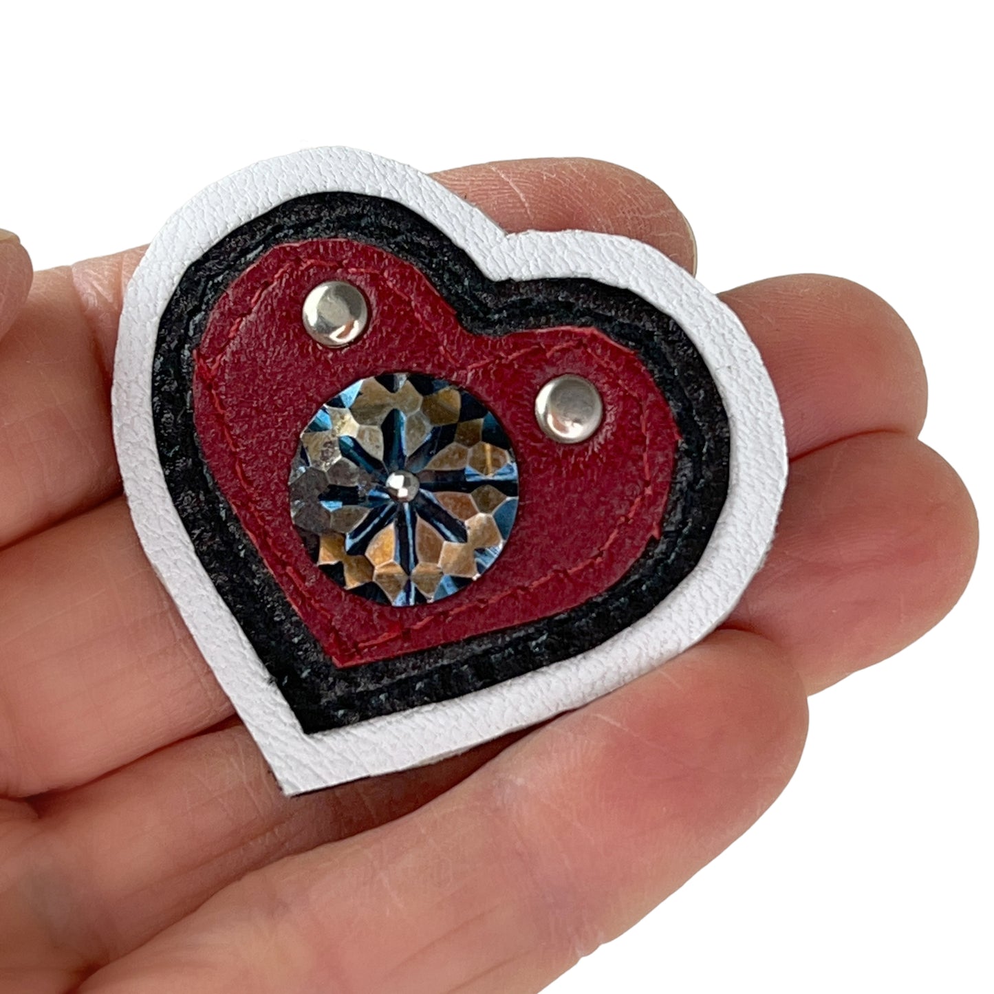 Heart Leather Button Brooch Red White