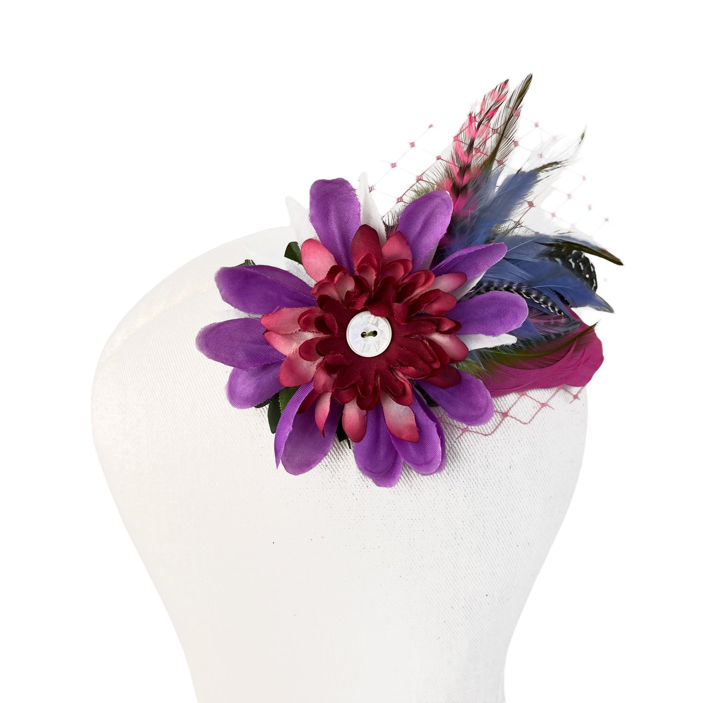 Large Flower Feather Hair Clip Pastel Purple Red
