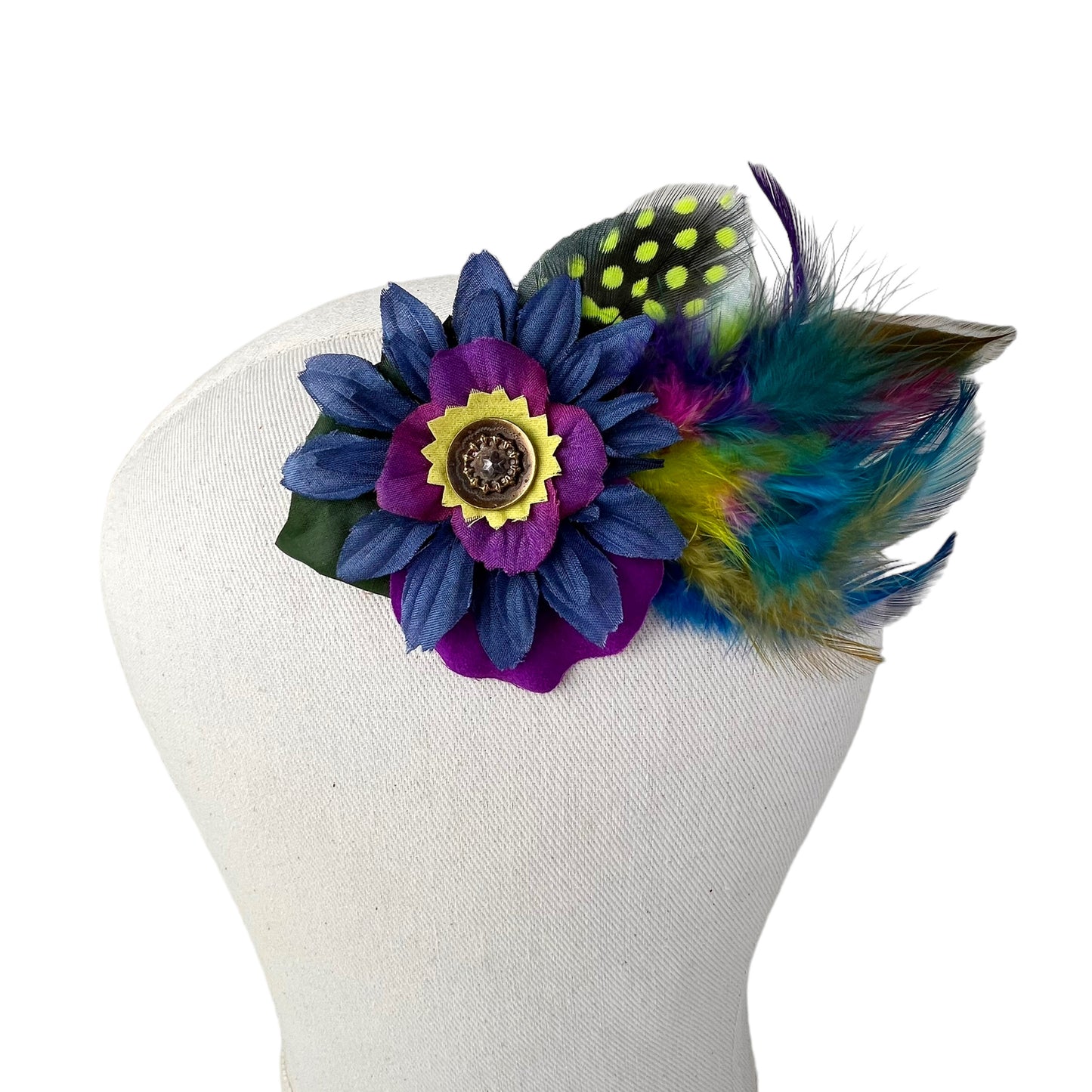 Small Flower Feather Hair Clip Navy Blue Purple Lime