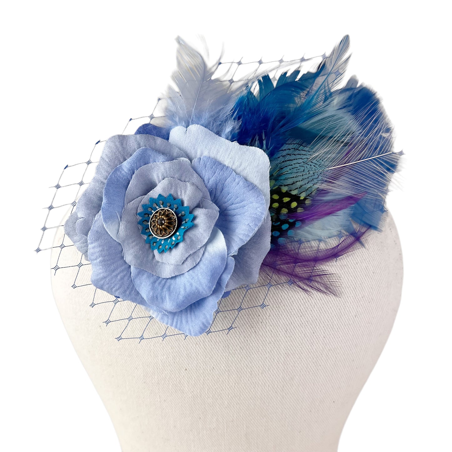 Rose Feather Fascinator Hair Clip Pastel Sky Blue