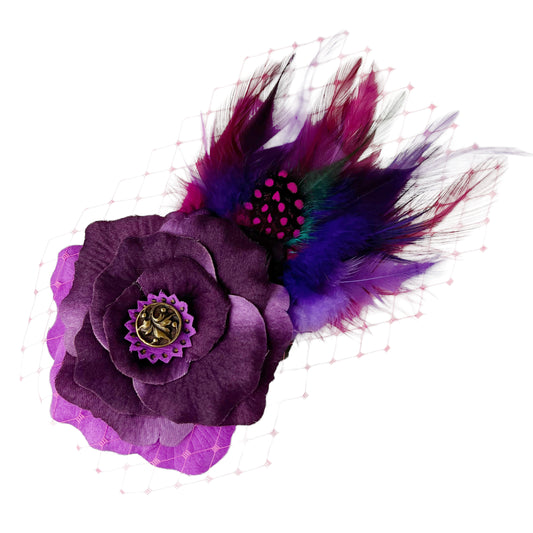 Rose Feather Fascinator Hair Clip Purple Pink