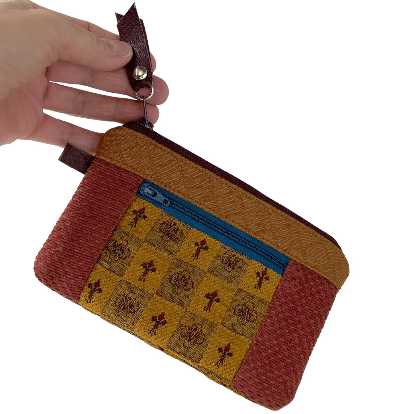 Small Zipper Card Tapestry Wallet Gold Rust Teal Patchwork