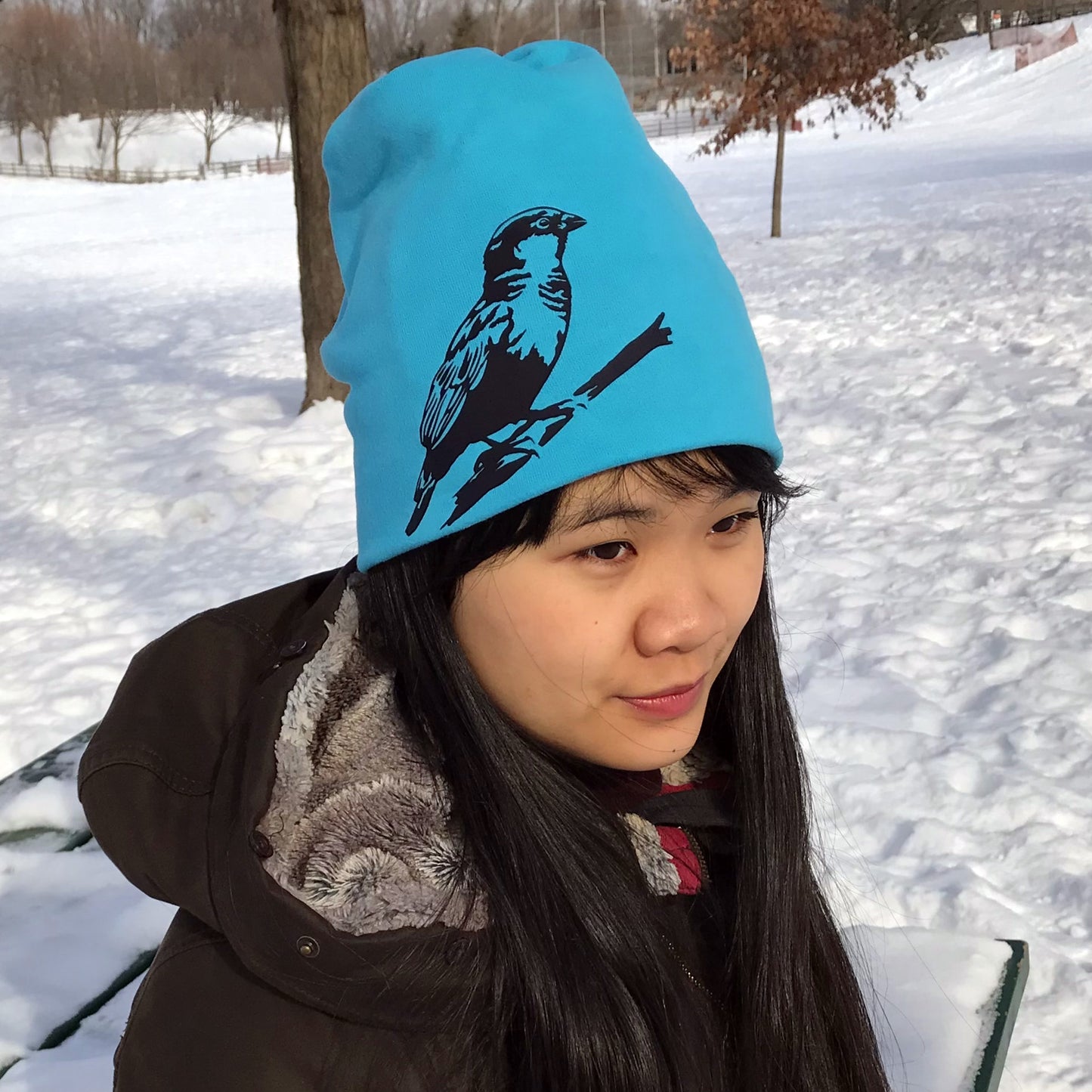 Sparrow Bird Slouchy Toque Hat Turquoise Blue