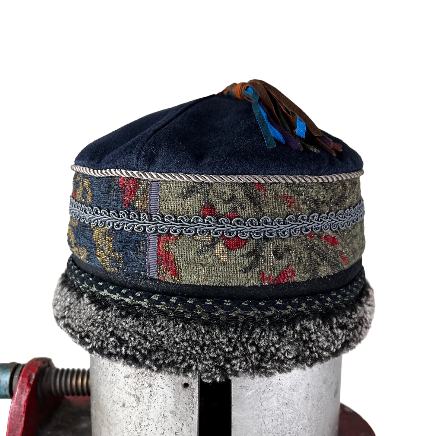 Tibetan Pillbox Hat Medium/Small Navy Green