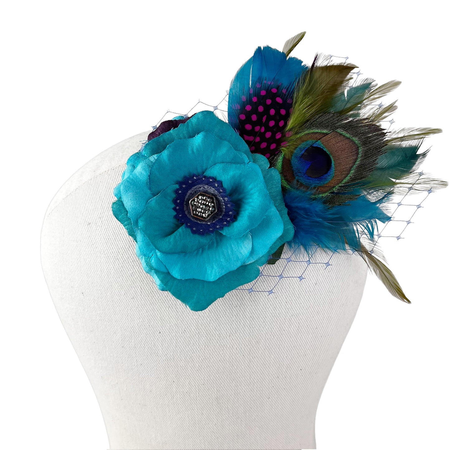 Rose Peacock Feather Fascinator Hair Clip Turquoise Blue