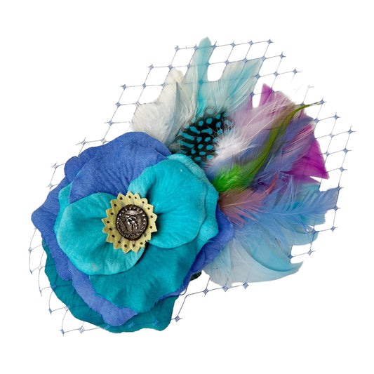 Rose Fascinator Hair Clip Turquoise Periwinkle Blue